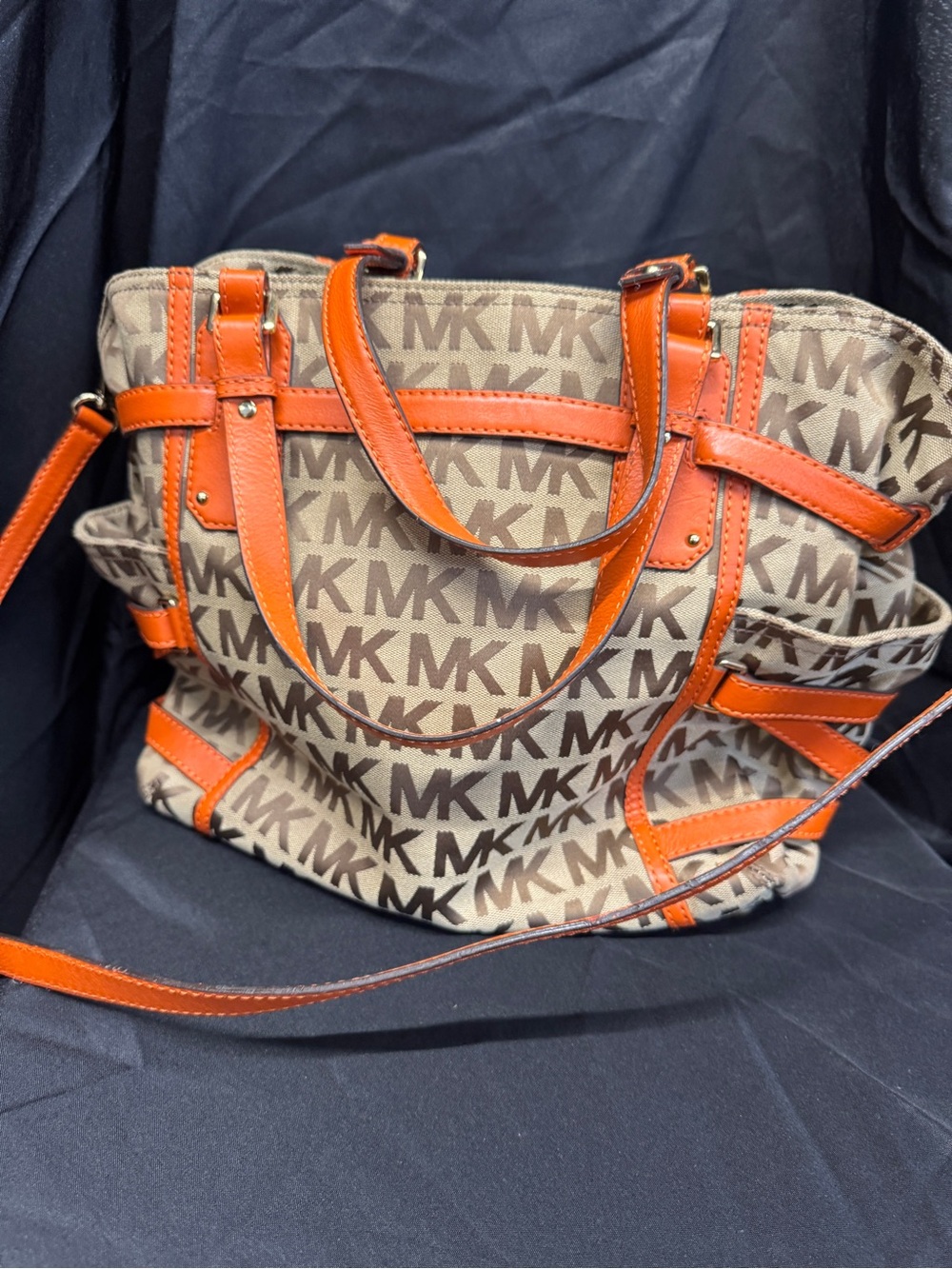 Michael Kors Brown MK Monogram Tote with Orange Trim